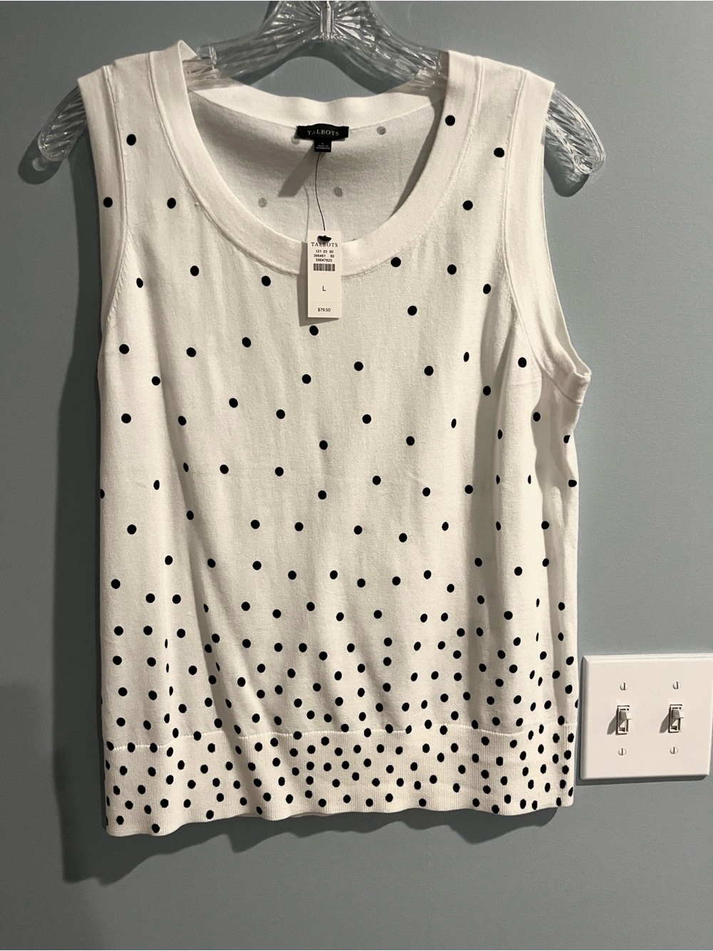 Talbots White Sleeveless Knit Top with Black Polka Dots